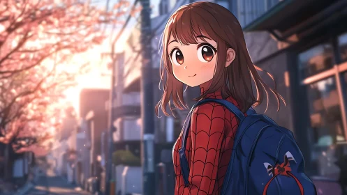 Sunset stroll with shy spider-suited schoolgirl charm.