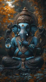 Ganesh sculpture rendered in teal bronze amid amber foliage.