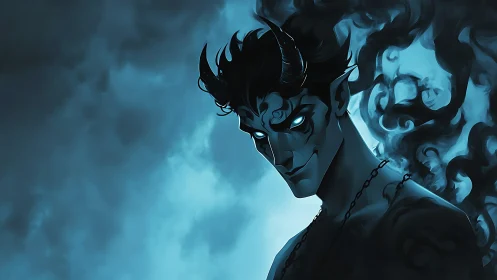 Midnight horned trickster smiles through swirling blue smoke