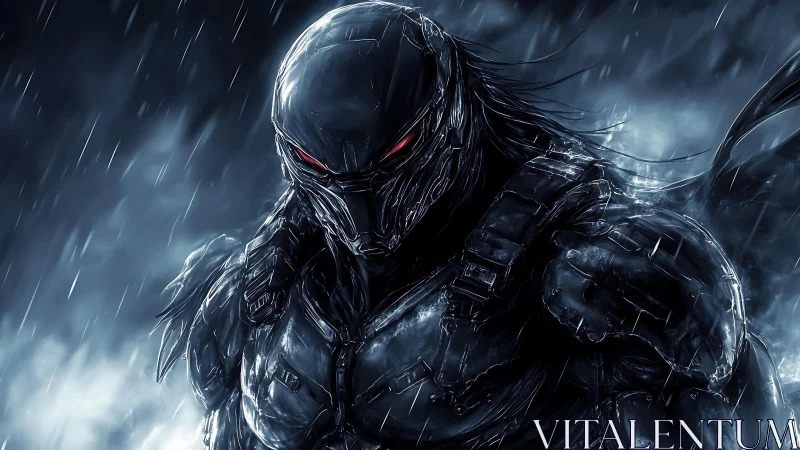 Rainlit cyber wraith with molten red gaze stands watch.