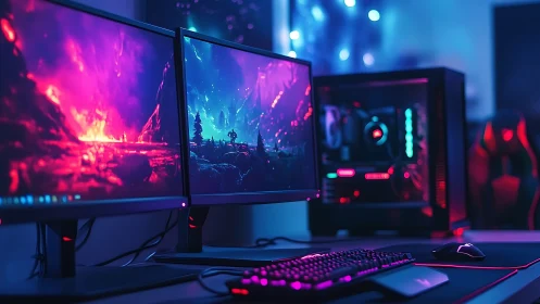 Dual gaming monitors show neon fantasy landscape scene