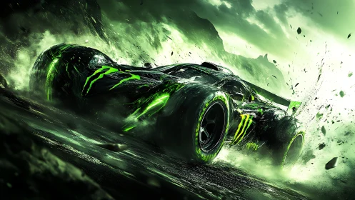 3D kinetic racer with neon livery in high-impact splash scene.