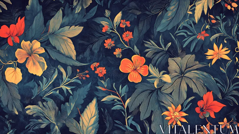 Vibrant Floral Garden Dance on Midnight Blue Canvas.