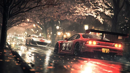 Street racers glide through rainy cherry blossom night.