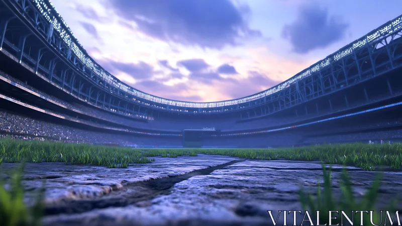 Twilight stadium panorama with low-angle turf and crowds.