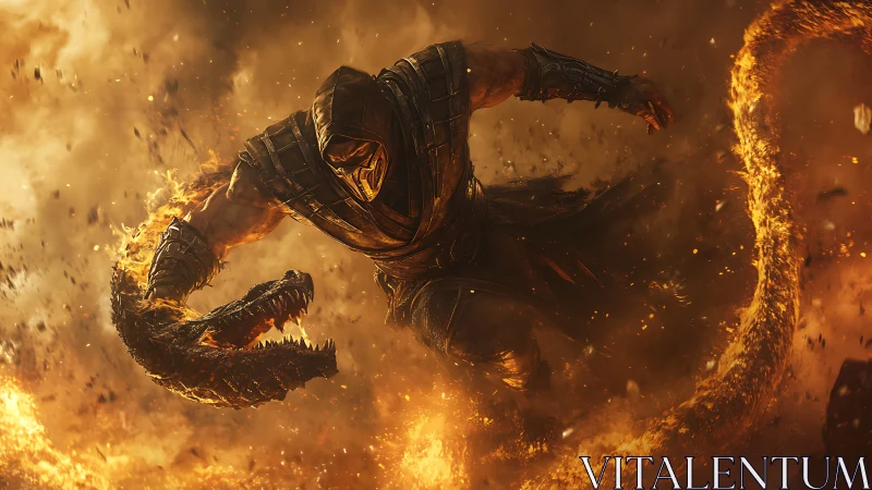 Hooded warrior commands flaming serpent in explosive inferno.