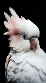 Photorealistic portrait of white cockatoo on black ground.
