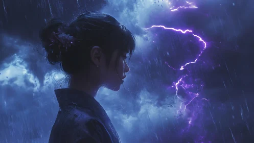 Side-lit profile of young woman in storm with violet lightning