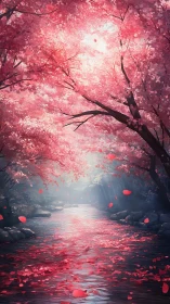 River beneath dense pink blossoms in filtered daylight.