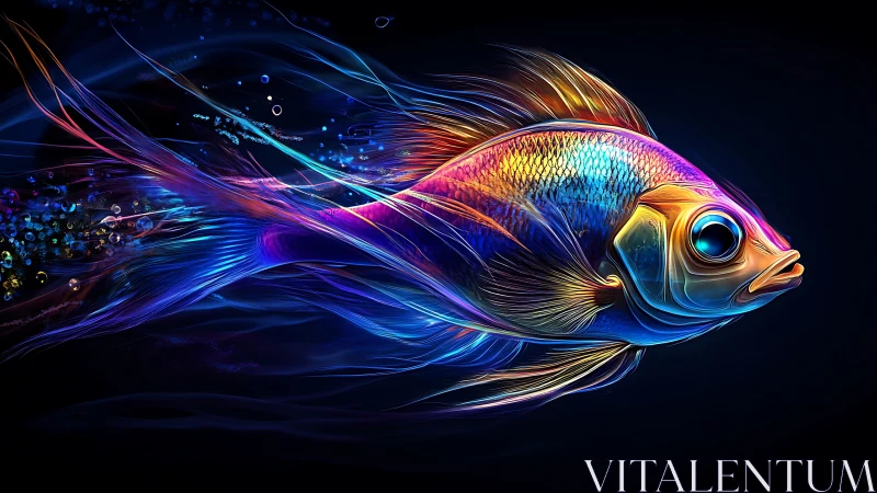 Digital neon fish with elongated fins on dark field.