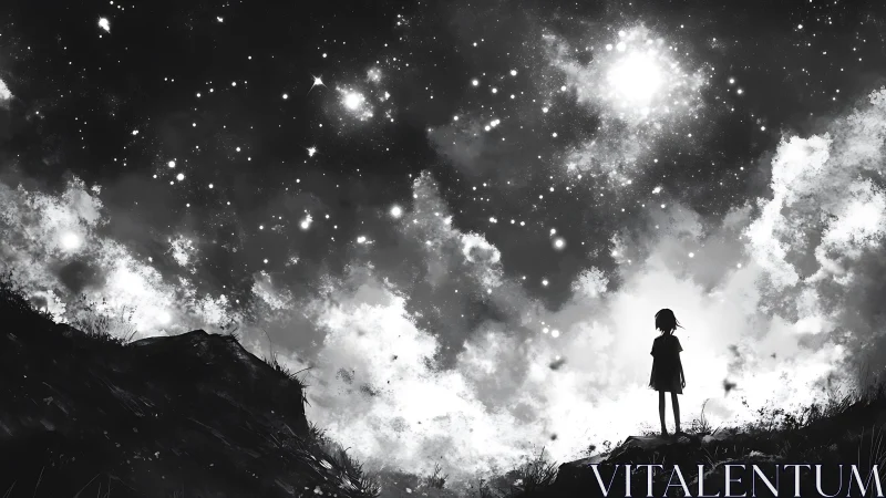 Monochrome anime silhouette observing dense starfield and cloud glow