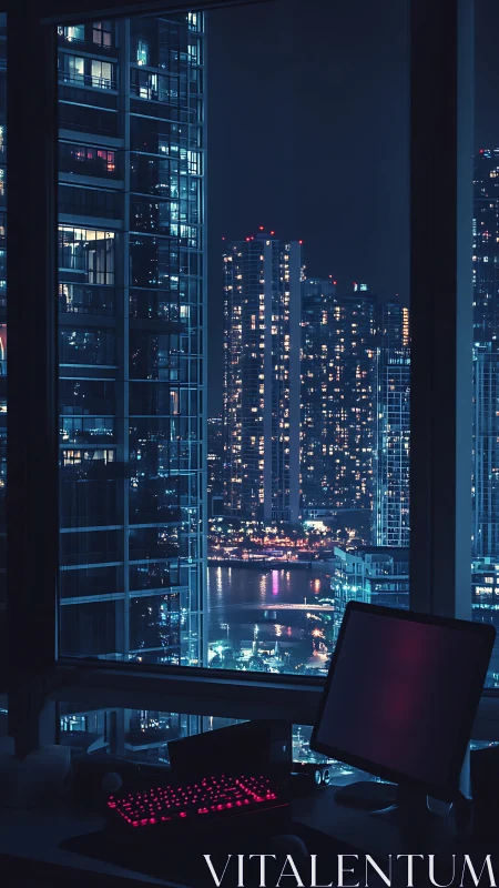Nocturnal coder’s desk overlooking neon blue harbor skyline.
