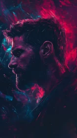 Side profile male portrait in neon cyan and magenta light.