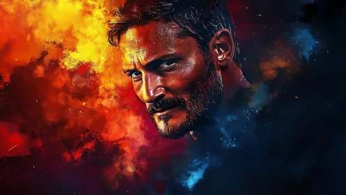 Intense male portrait against fiery and dark backdrop.