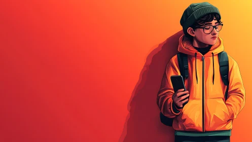 Hoodie glow and quiet scroll against a burning sunset wall.