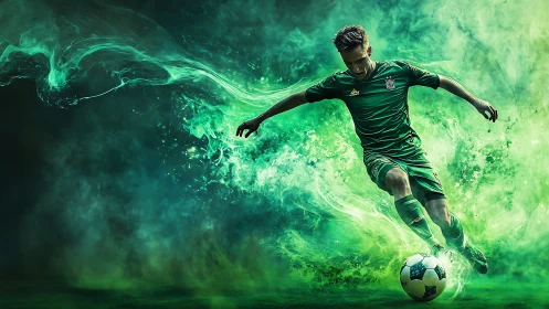 Soccer player strikes ball amid green digital energy effects