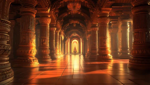 Rendered corridor shows ornate columns in warm axial light
