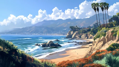 Sunlit coastal cliffs rise over a tranquil turquoise bay