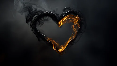 Fire and Smoke Heart Shape Against Dark Background.