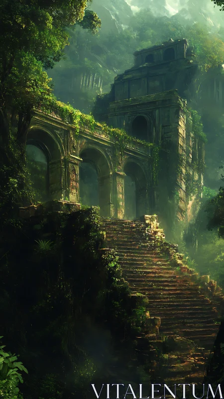 Sunlit jungle ruins and mossy stairway into lost history.