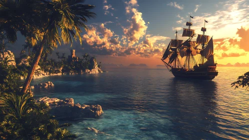 Sailing vessel passes tropical coastline under low sunset light