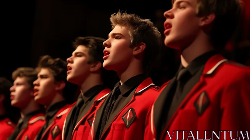 Crimson choirboys pour twilight harmonies across the stage.