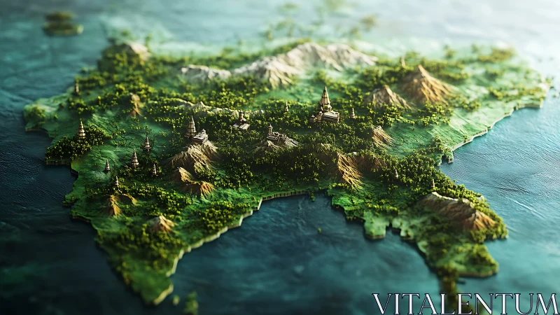 Fantasy island map with forests, mountains, towers, coastline.