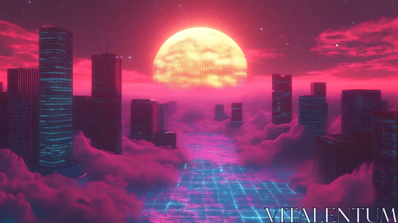 Neon cloudway beneath a pixel sun over sleeping towers.