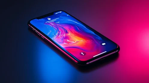 Modern smartphone displays vibrant neon gradient wallpaper.