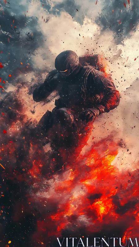 Armored soldier figure moving through dense fiery explosion.
