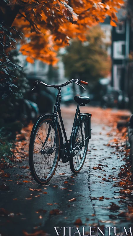 Vintage bicycle parked on wet autumn street with golden foliage overhead.
