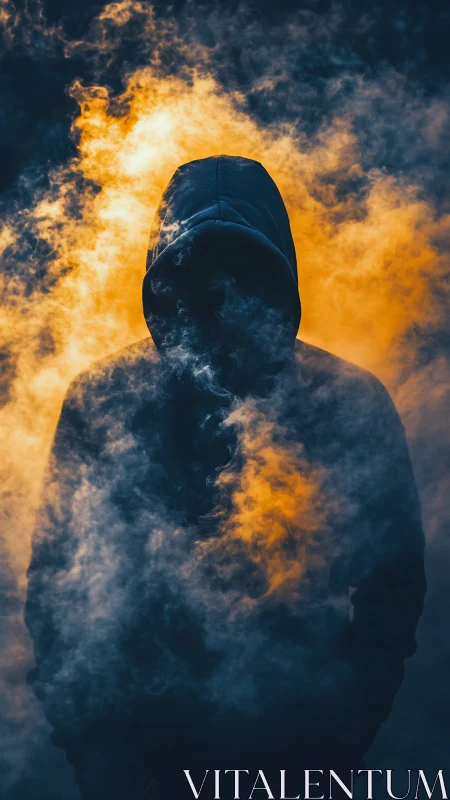 Mysterious hooded figure stands calmly in swirling golden smoke