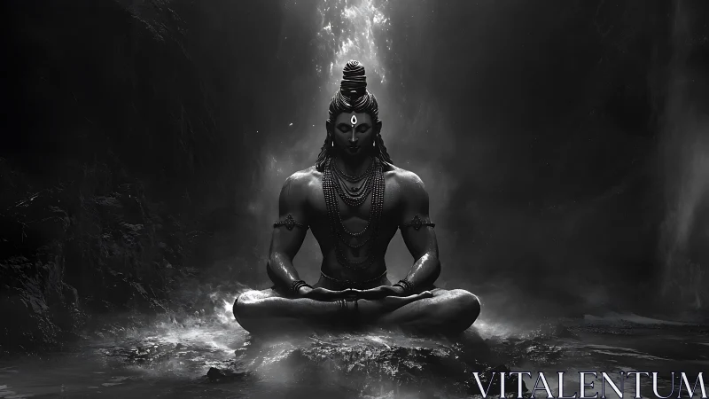 Monochrome meditative deity rendered in dramatic chiaroscuro lighting