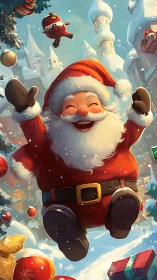 Joyful Santa leaping through snowy festive village sky.