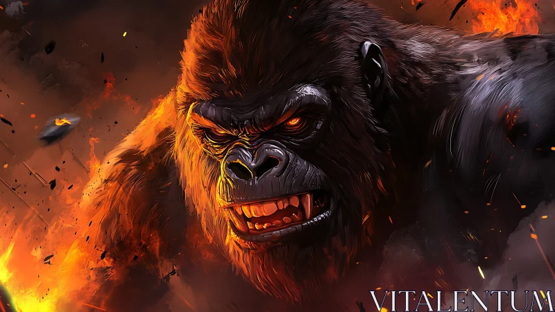Fierce fiery gorilla charging through swirling molten chaos.