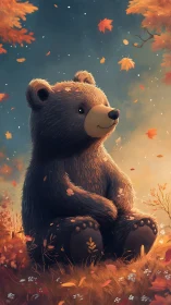 Autumn bear cub sits in glowing golden forest light