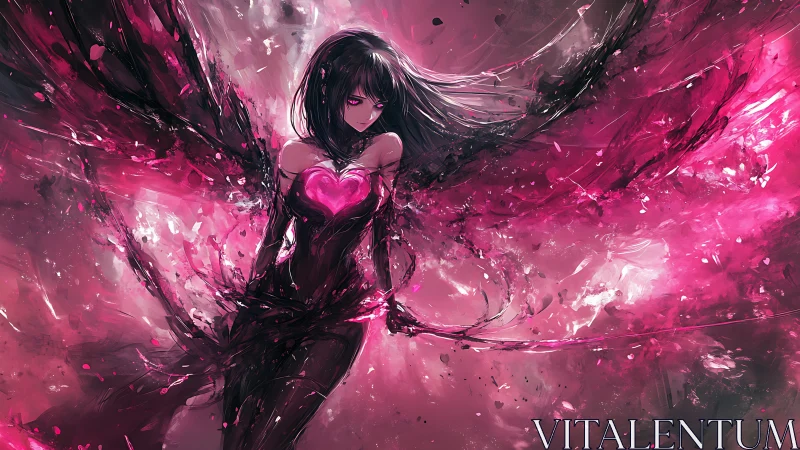 Dark-clad figure with luminous heart amid pink energy field.