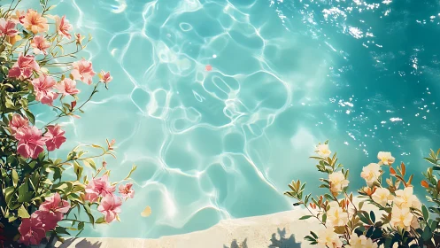 Sunlit poolside blossoms swaying over crystal blue water.