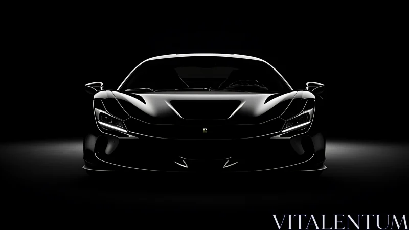 Front view of black performance car in low key studio lighting.