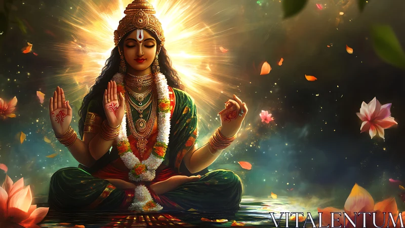Divine goddess portrait in radiant lotus meditation aura.