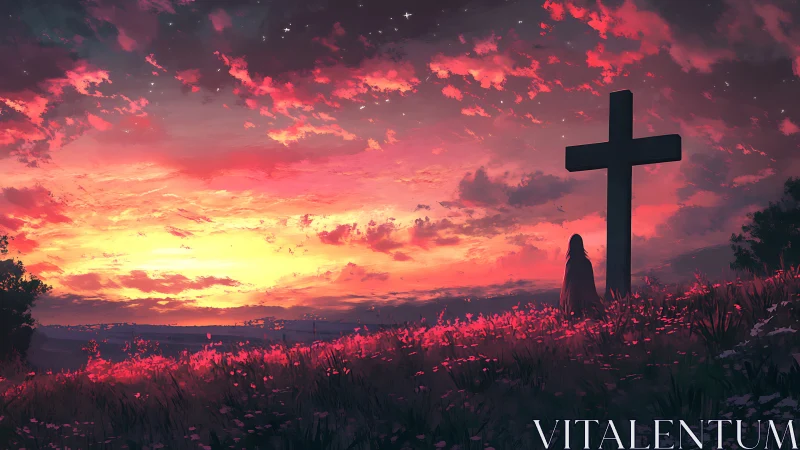 Figure by cross on hill under vivid red sunset sky.
