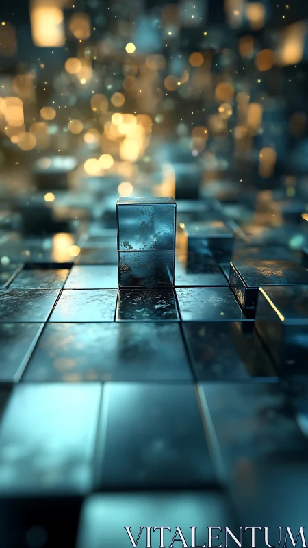 Central metallic cube rises from reflective tiled surface