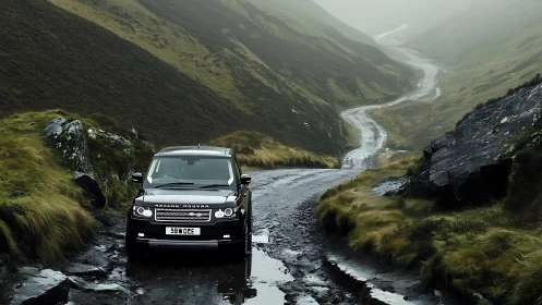 Luxury off‑road SUV cutting through misty moorland trail.