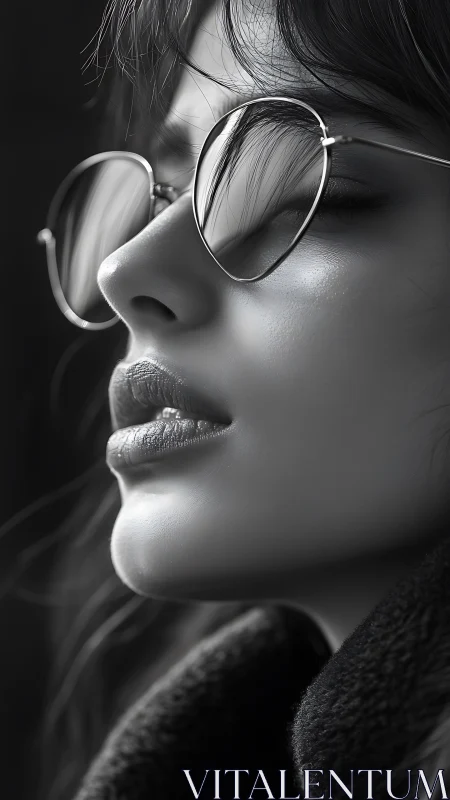 Monochrome close-up captures reflective sunglasses and poise.