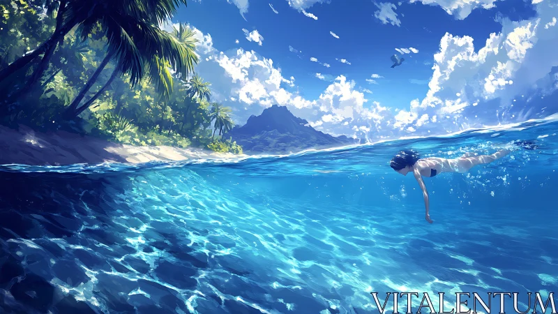 Split-view tropical seascape renders swimmer in luminous waters