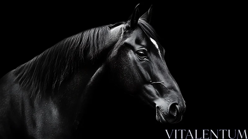 Black horse head profile on deep black studio background.
