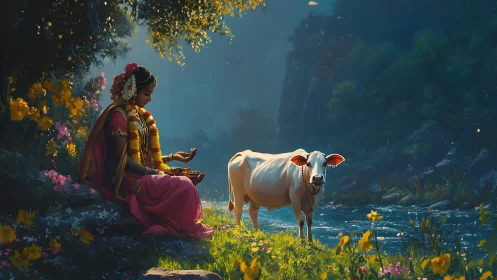 Seated woman and cow positioned by a riverbank in foliage