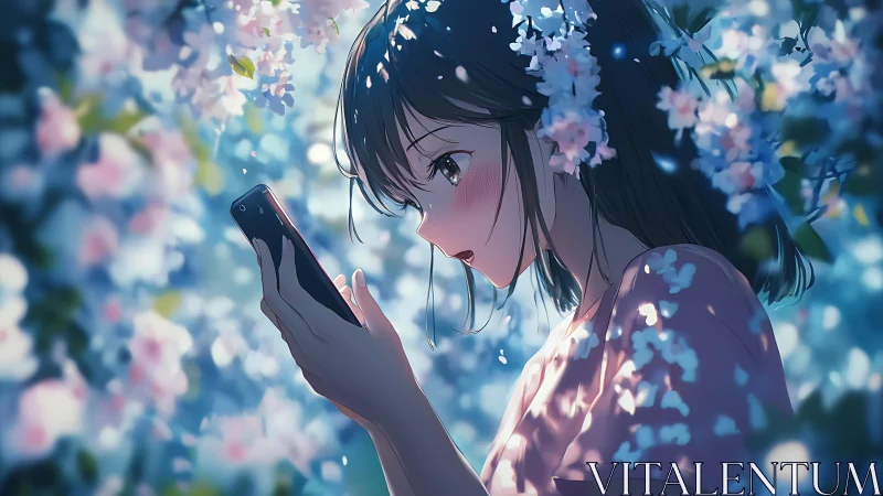Soft spring blossoms surround a shy girl lost in her phone