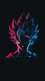 Electric anime warrior glows in neon red and blue contrast