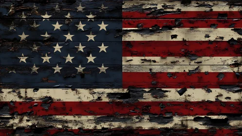 Weathered American flag painted on distressed wooden boards.